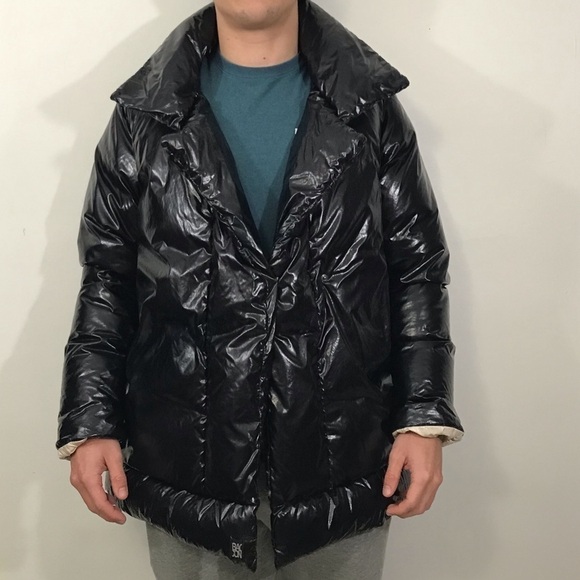 Bacon Women Small Black Shiny Pocketed Zippered Hooded Down Puffer Jacket - Picture 14 of 16